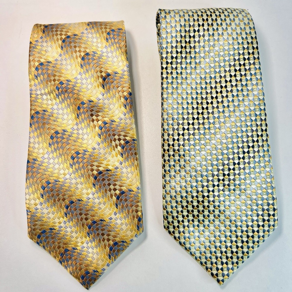 Lot of 2 Bruno Piattelli Handmade Silk Ties - Gold & Blue Geometric Pattern